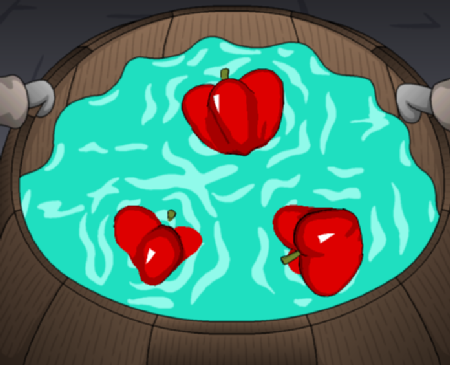 [Cel shaded apples bobbing in a 2D scene.]